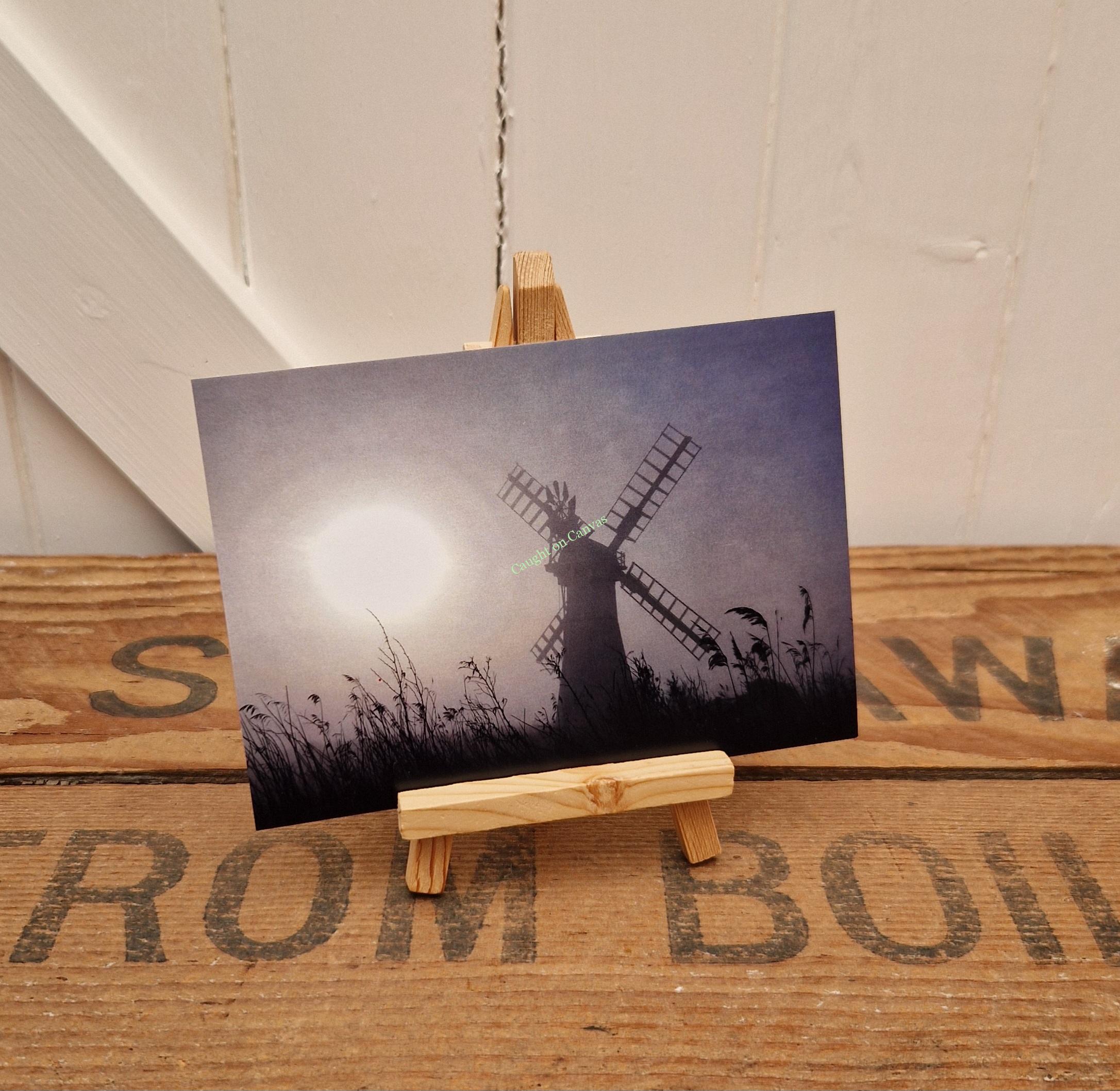 Thurne Mill Misty Sunrise postcard. Norfolk Broads.